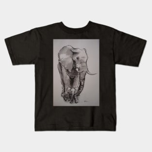 Mama Elephant & Baby - ink wash painting on vintage paper Kids T-Shirt